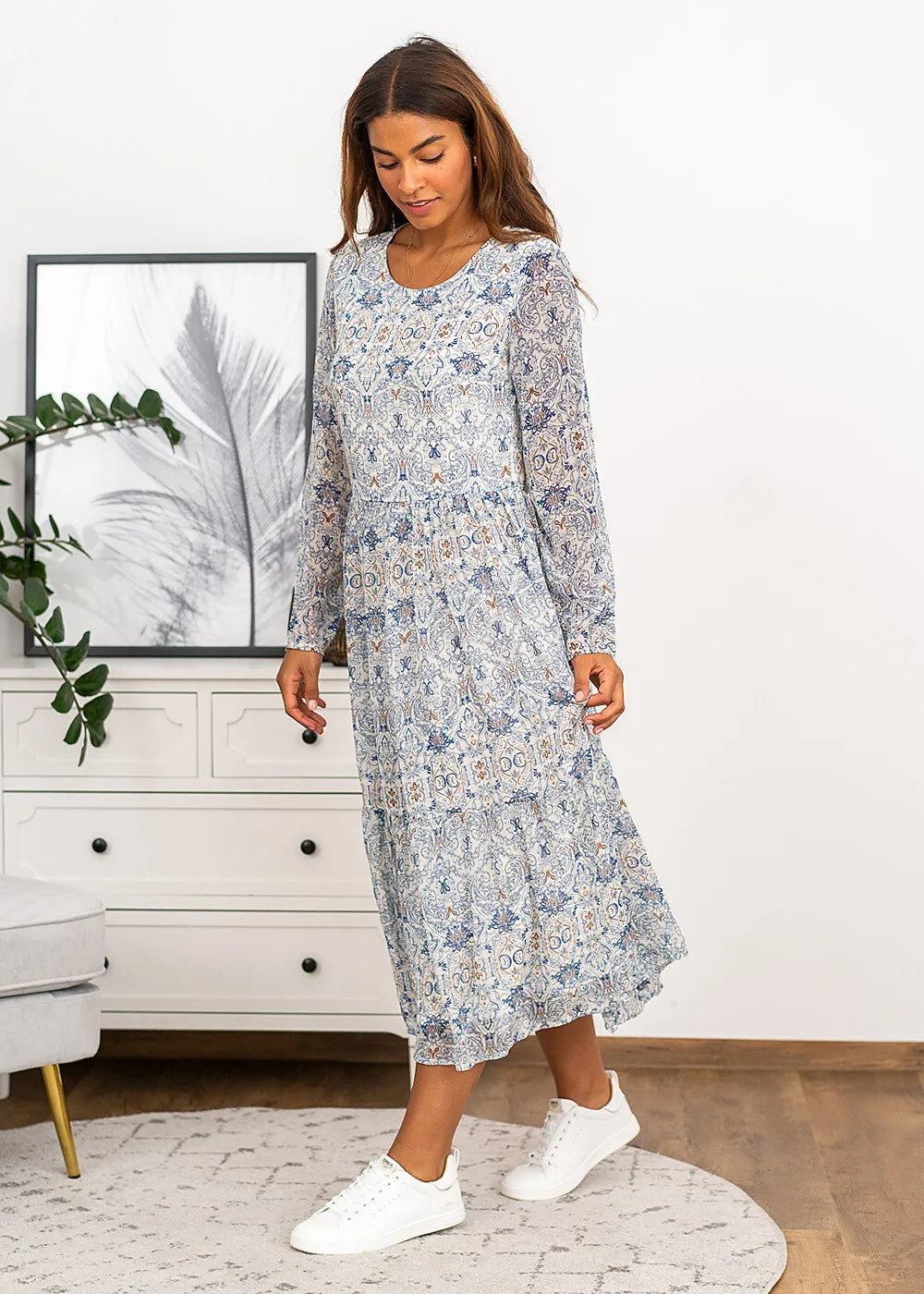 VILA Dames Jurk met lange mouwen en paisleyprint witblauw
